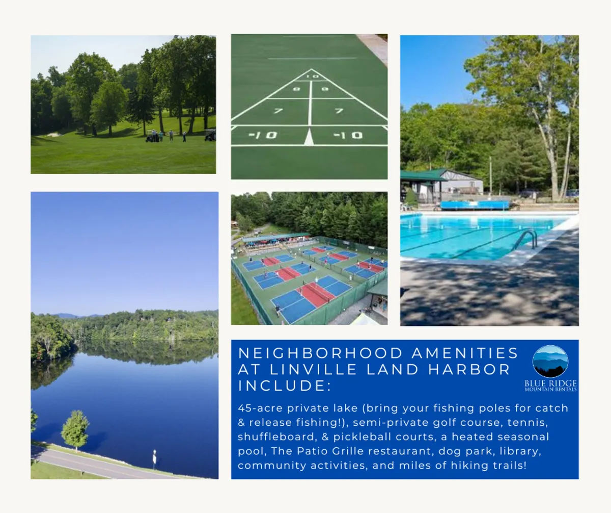 A vibrant view of Linville Land Harbor’s 45-acre private lake, semi-private golf course, tennis and pickleball courts, heated pool, and The Patio Grille restaurant. The energy of community activities such as fishing, tennis matches, swimming, and lakeside fun is captured, showcasing a resort-style environment.